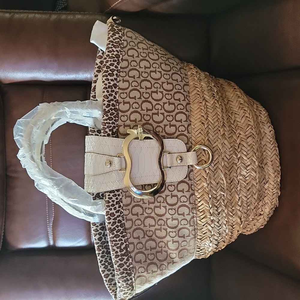 Guess woven straw logo & leopard prints tote With silver tone accents NEW